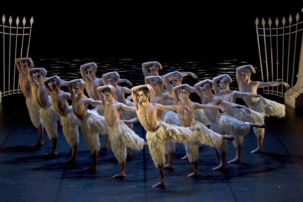 Una pléyade de cisnes masculinos es la mayor originalidad y aportación de Matthew Bourne al clásico "El lago de los cisnes". Foto gentileza del Sadler's Wells Theatre.