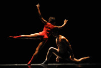 Bailarines emplumados y sin rostro interpretan “Avium”, una breve pieza de la joven coreógrafa y bailarina Ely Regina Hernández. Foto: Yuris Nórido. Gentileza AC.